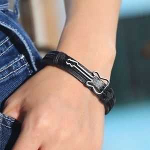 Guitar Black Faux Leather Bracelet